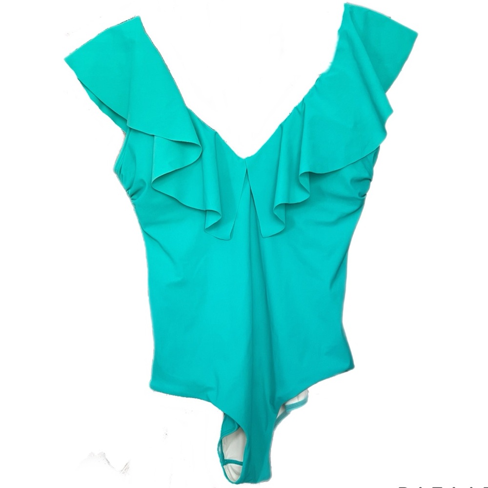 Touche Balneaire One‎ Piece Swimsuit Bikini Swim Ruffle V neck Blue Teal